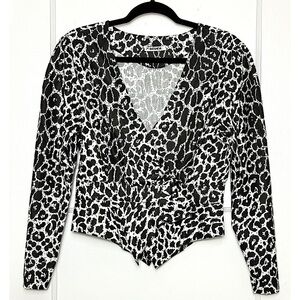 BATSHEVA Snow Leopard‎ Print Tailored Long Sleeve V-Neck Faux Wrap Peplum Top 4